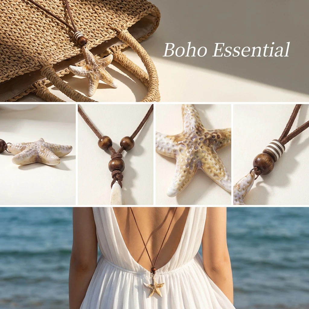 Vintage braune Seestern-Halskette für Damen, lange Seil-Boho-Anhänger-Halskette, erdfarbener Sommer-Strand-Urlaubsschmuck, Geschenk – Detail 2