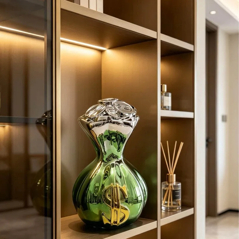 pp-Green Electroplated Resin Bag Statue Gold US Dollar Sign Wealth Feng Shui Mini Figurine Tabletop Home Decor Craft Ornament