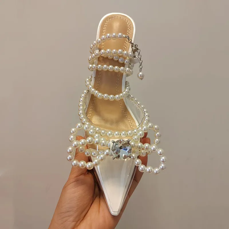 Luxury Rhinestone Soft Clear PVC Women Pumps Sexy Ankle Strap Pearls bowknot Thin High heels Fashion Summer Wedding Bridal Shoes