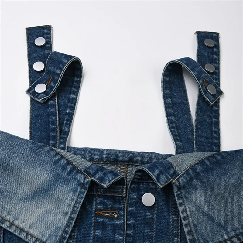 Off The Shoulder Straps 1 Piece Women Denim Retro Backless Single Breasted Jacket Elegant Blue Long Sleeve Tops Newest In Stock