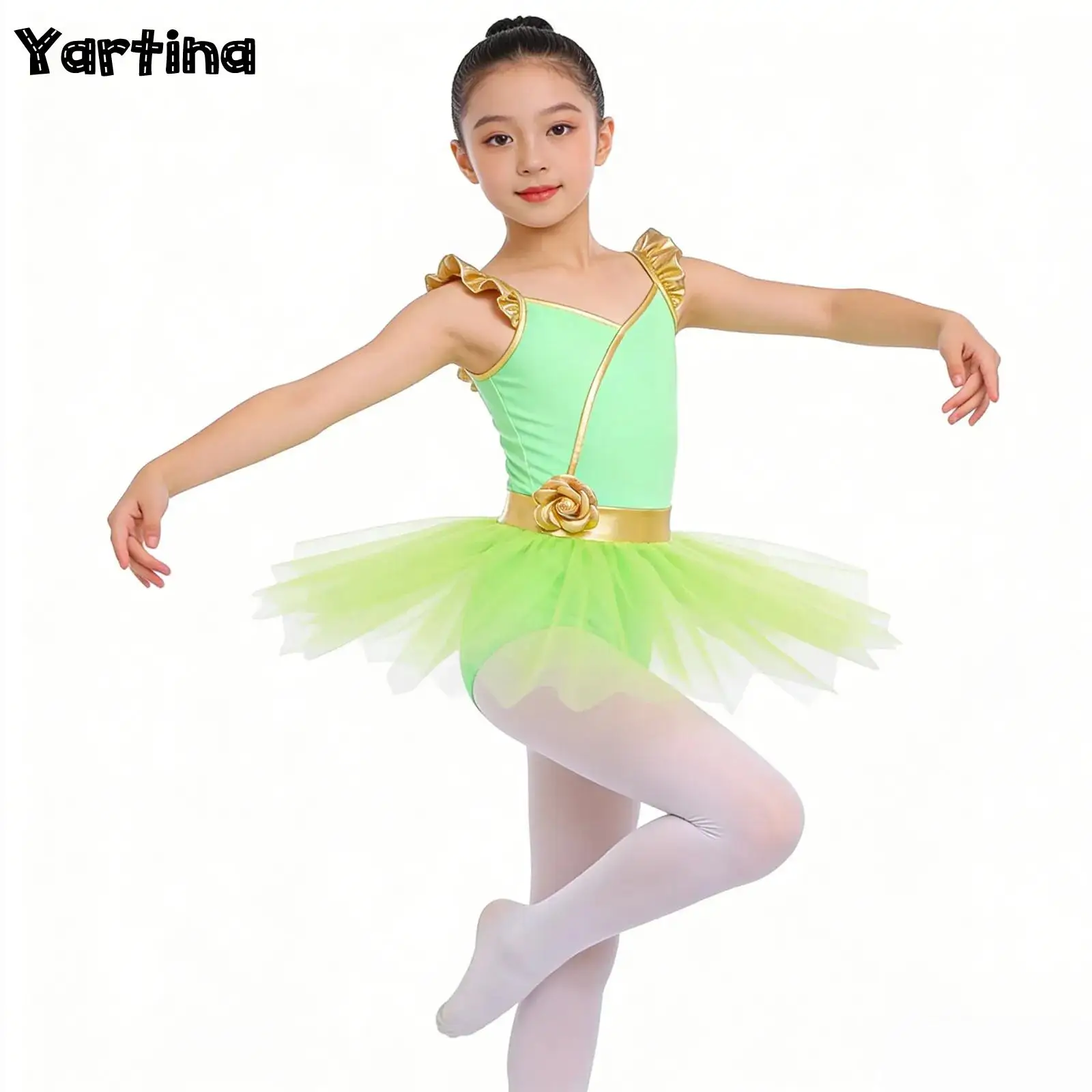 Girls Gymnastics Leotard Swimsuit for Ballet Dancing Princess Ruffle Flower Decor Mesh Tutu Overlay Dress Performance Costume