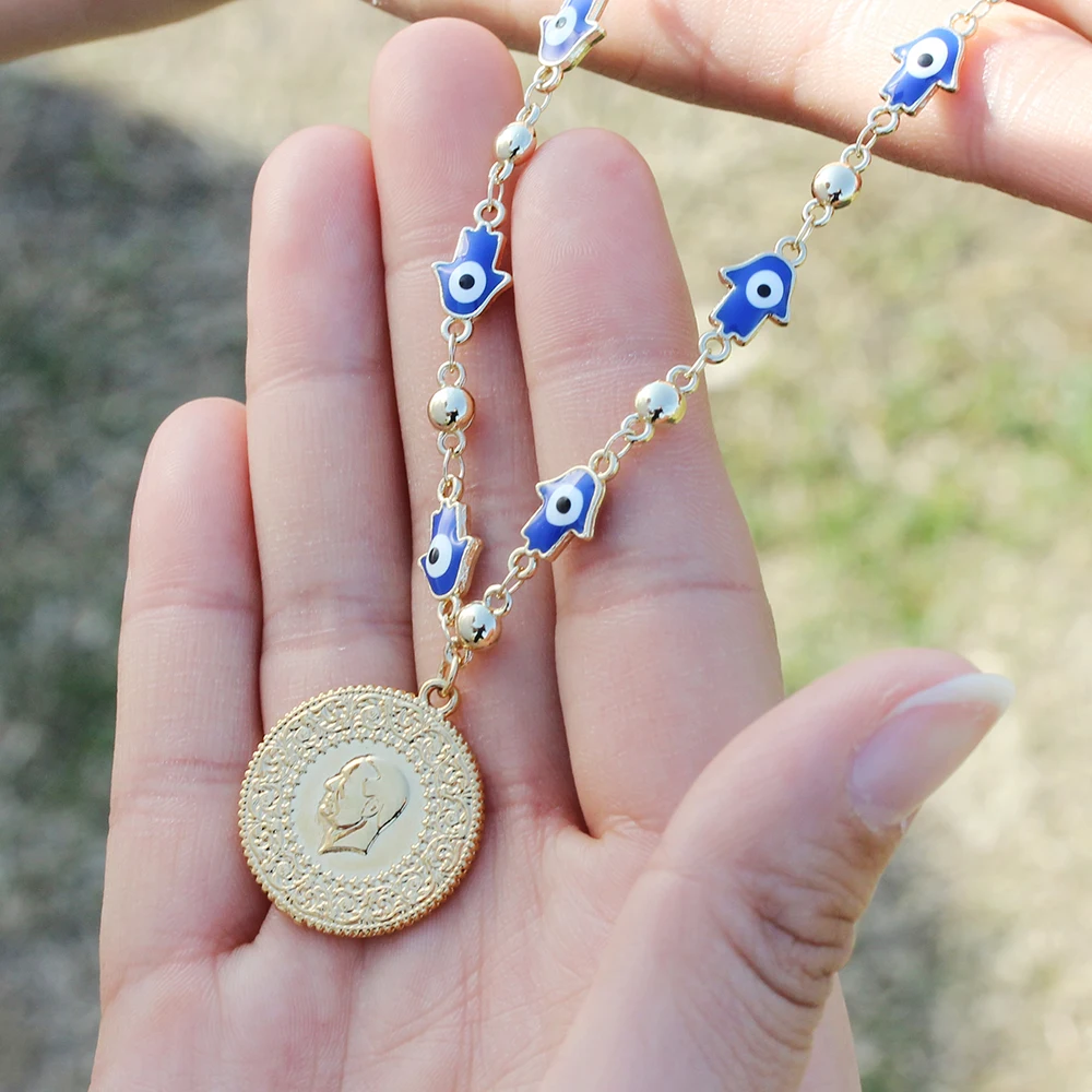 Trendy Lucky Blue Evil Eye Necklace Jewelry Bright Golden Portrait Money Coin Pendant Fashion Women Luxury Arab Party Choker