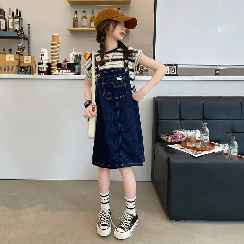 Girls Suit Summer 2026 Casual Denim Overall Dress Knee Length And Striped Short Sleeve T-Shirt Two Piece Set Children's Clothing