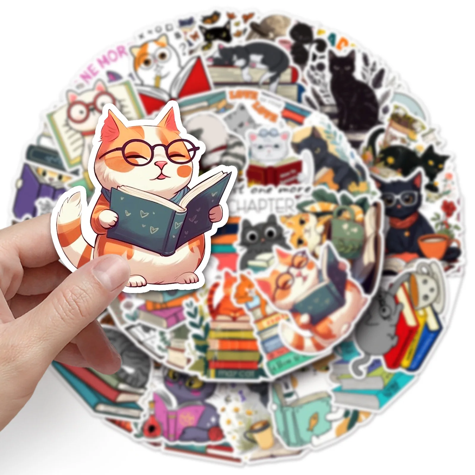 10/50Pcs Cute Funny Cat Reading Books Stickers For Notebook Luggage Laptop Guitar Phone Waterproof Graffiti Decals Kids Toy