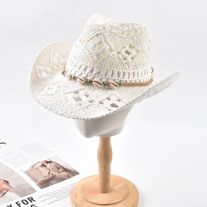 Strohhut für Damen, Sommerhut mit Muscheldekoration, Strandhut, ausgehöhlter Sonnenhut mit breiter Krempe, Chapeu Panama Feminino – Detail 3