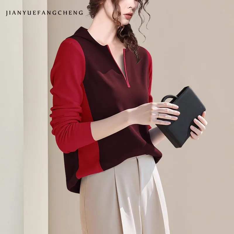 Color Blocking Women' V neck Long Sleeve Hoodies Pullovers Loose-fitting Fall Winter New Sports Casual Knit Hoody Tops