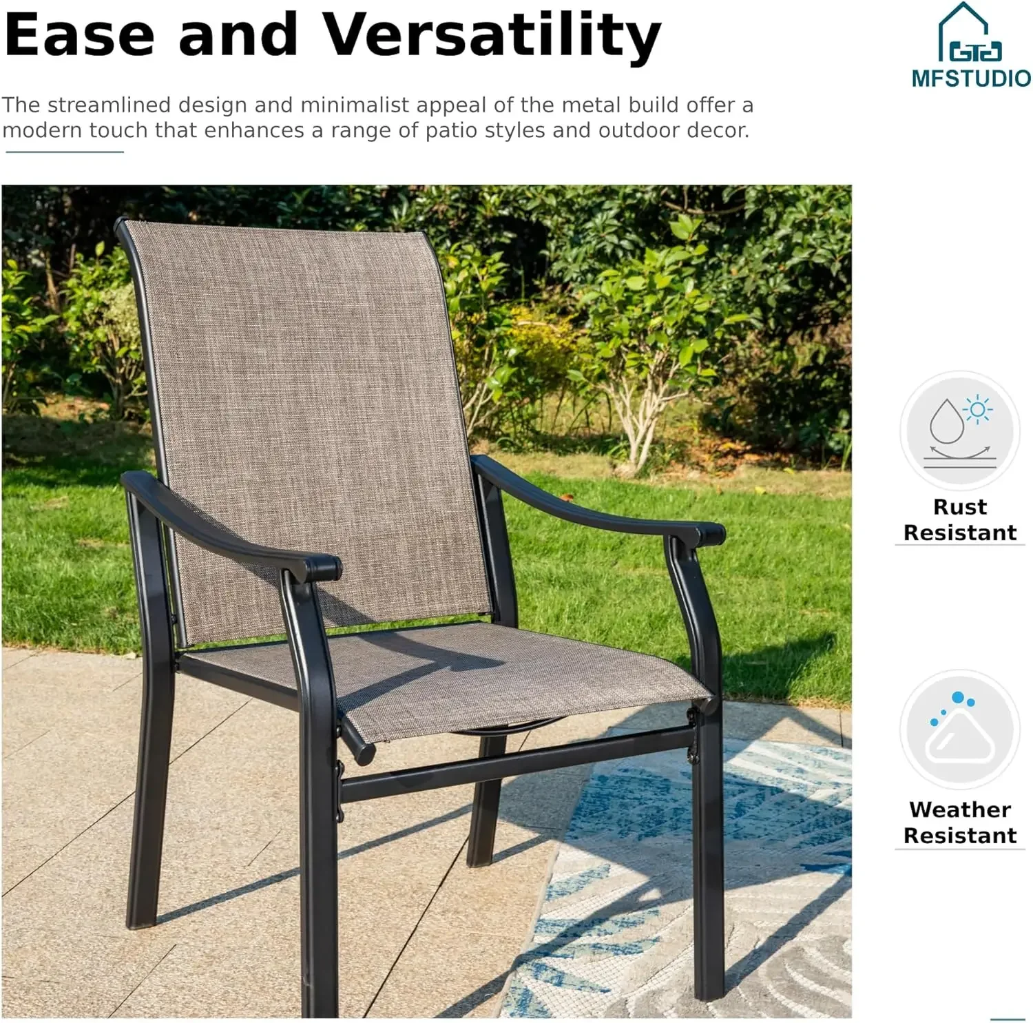 2 PCS Metal Frame Patio Sling Chairs with Backrest and Armrest, All Weather Resistant Heavy Duty Patio Chair, Grey