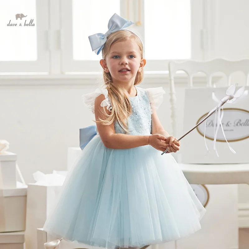 Dave Bella 2024 Summer Kids Child Girls Clothes Light Blue Dresses Girls Sleeveless Princess Party Mesh Dress DB2241511