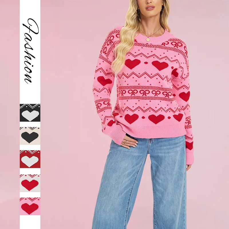 

Пуловер Sweet Heart, свитер, новая зимняя женская одежда, большой размер, рождественский повседневный жаккардовый вязаный свитер Y2k, одежда Свитер Оверсайз