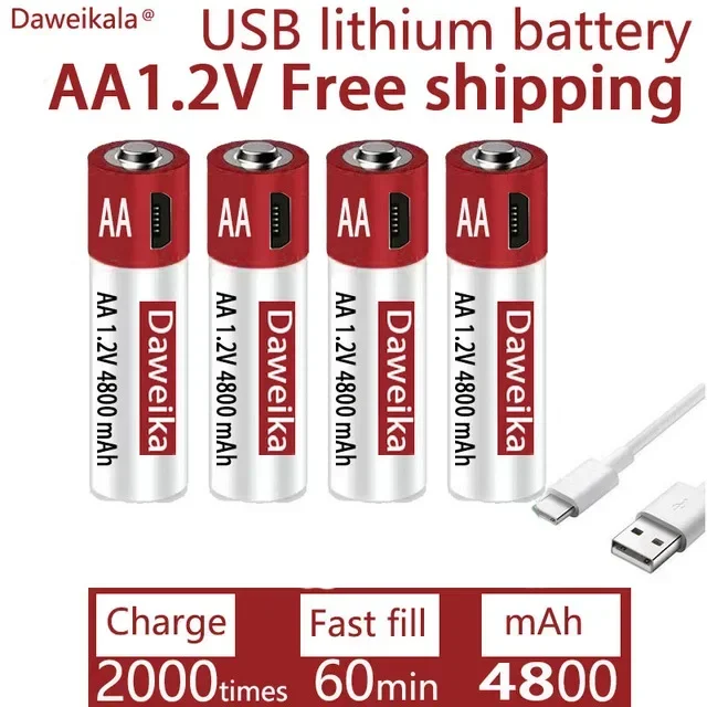 AA Rechargeable Lithium Battery, 1.2V USB Rechargeable AA Battery, AA, 4800mAh, Toy Mouse Remote Control, Free Delivery CE  FCC