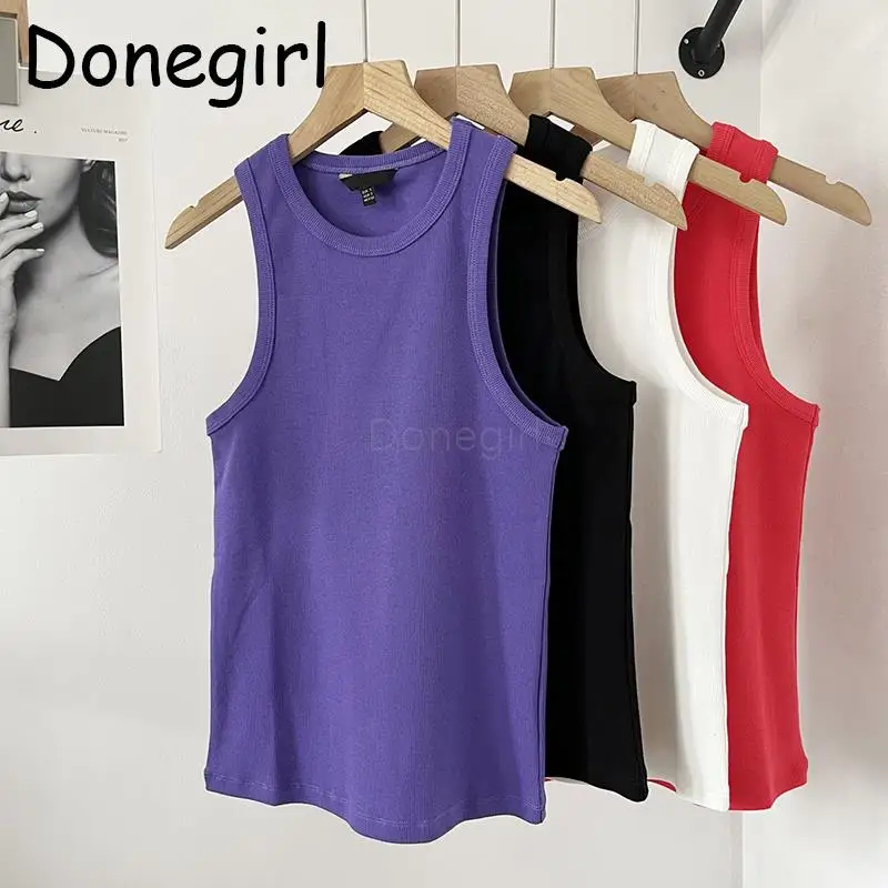 

Donegirl 2023 Women Fashion New Summer Sleeveless Ribbing Round Neck Vest Suspenders Solid Multicolor Slim Female Tops Chic