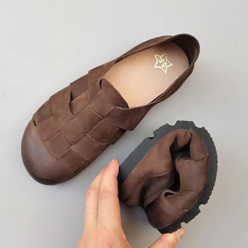Genuine Leather Woven Men's Women's Shoes Round Toe Cowhide Flat Soft Sole Anti-slip Breathable Retro Handmade Spring Shoes