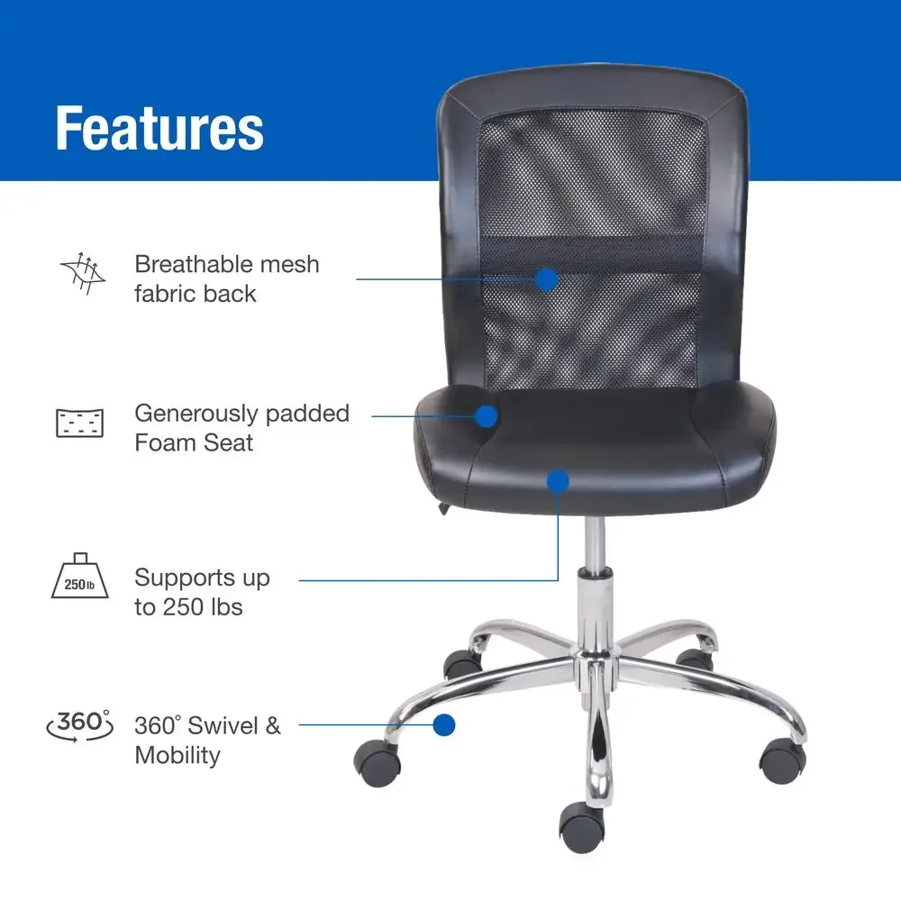 Task Chair Swivel Mesh Back Armless 250lbs Black 18.5