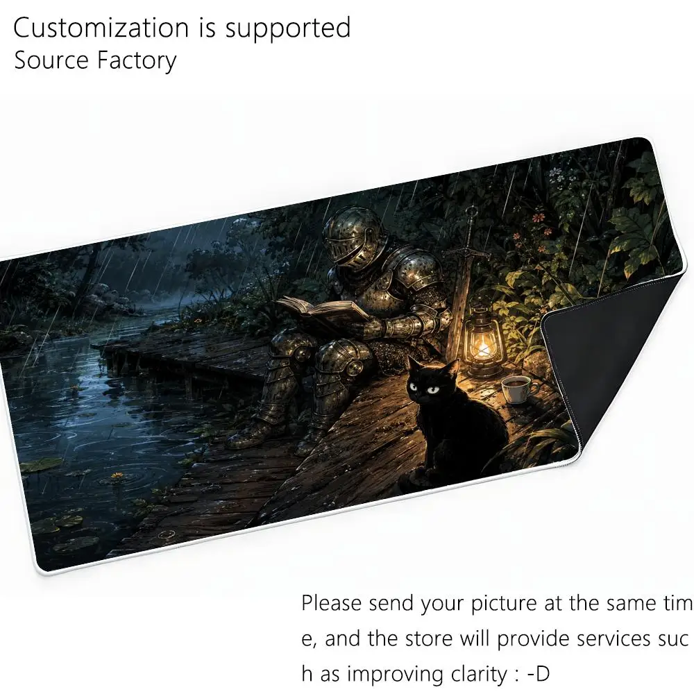 Vintage Dark Knight Mouse Pad Medieval Warrior Reading Book Black Cat Rainy Forest Large Desk Mat Art Keyboard Pad for Gaming
