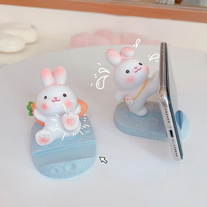 1PC Cute Resin Rabbit Phone Holder Universal Mobile Phone Stand Holder Bracket Ornaments Toys Home Office Desktop Decoration