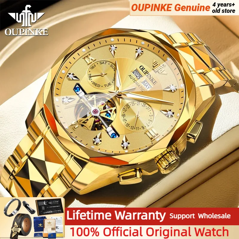 OUPINKE 3316 NEW Gold Watch for Men Tourbillon Design Diamond Dial Waterproof Luminous Mechanical Men's Watch