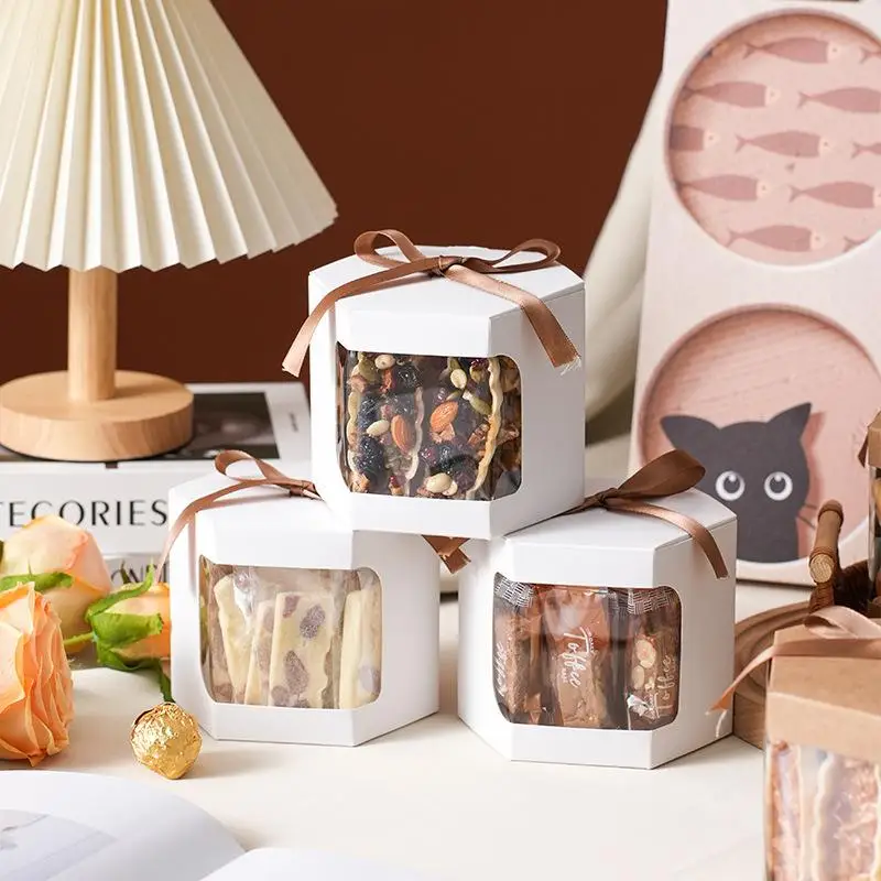 10 Pcs Cake Box Packaging Paper Bags Hexagon Candy Boxes With Clear Pvc Window Birthday Gift Box Presents Sweets Package