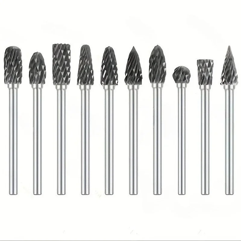 10pcs Hard Alloy Rotary File Double Grain Tungsten Steel Grind Head Electric Grind Mold Woodwork Grinding File Tool Set Tools
