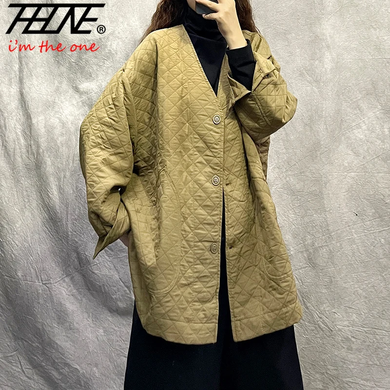 THHONE Winter Women's Jacket Parkas Clothes Loose Trench Coats Long Retro Plaid Solid Korean Style V-Neck Parkasdoradas De Mujer