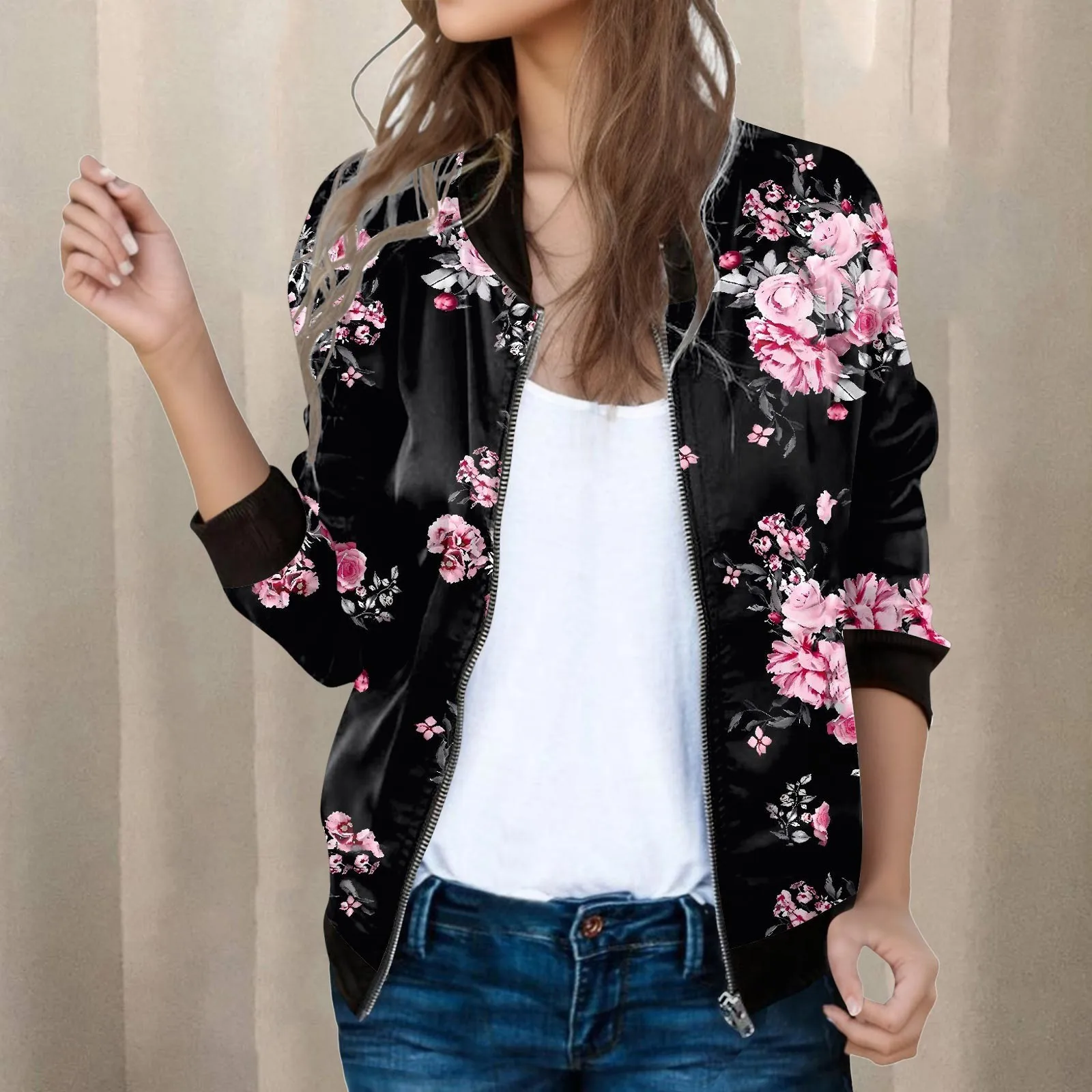 

Fashion Stand Collar Jackets Y2K Casual Floral Print Zip Up Jacket Streetwear All Match Outwear Tops Sprng Autumn Women Clothes