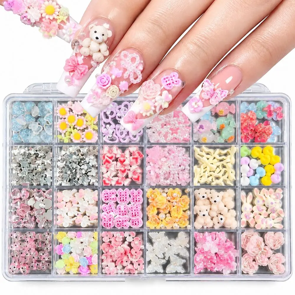 24Grids Dainty Elegant Nail Embellishments Pearl Flower Bow Rose Rhinestone Charms for Office Daily Wear DIY Manicure Nail Decor