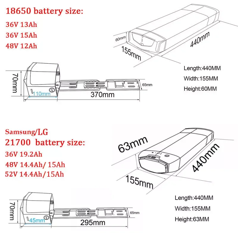 Rear Rack 36V 15Ah 19.2AH Ebike Battery Lithium Batteria 18650 21700(L-G)48V 15Ah for Electric Bicycle 250W 350W 500W 750W 1000W