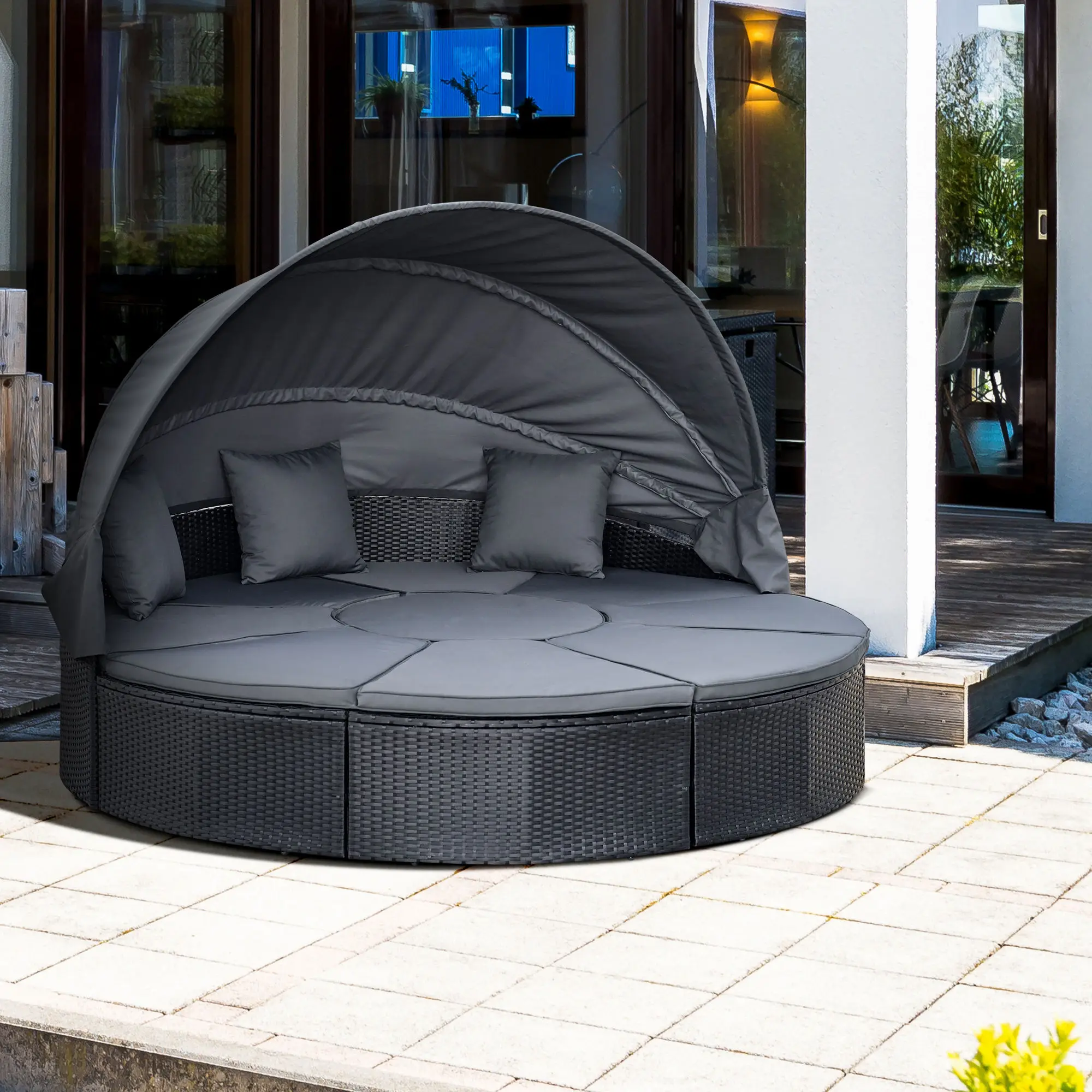 Outsunny 4-teiliges Garten-Tagesbett-Set aus PE-Rattan, Korbsofa für den Außenbereich mit Couchtisch und Baldachin, Schwarz