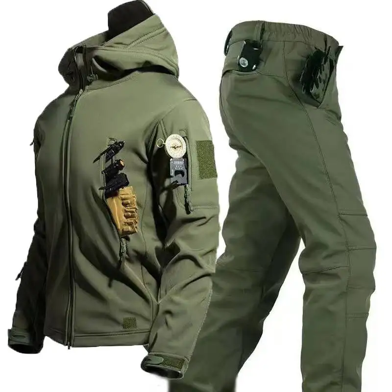 Men Autumn Winter Tactical Military Tracksuit Set Softshell Jackets Casual Fleece Cargo Pants Hiking Camping Climbing Trousers