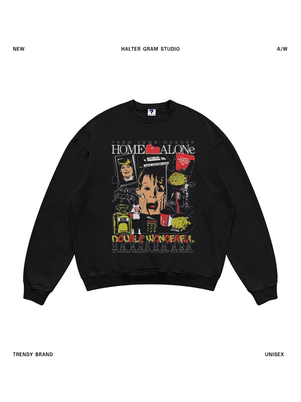 

Retro American Ghost Print round Ne Sweatirt ex Loose Long Sve Pullover Bla Pure Cotton Heavyweight Streetwear