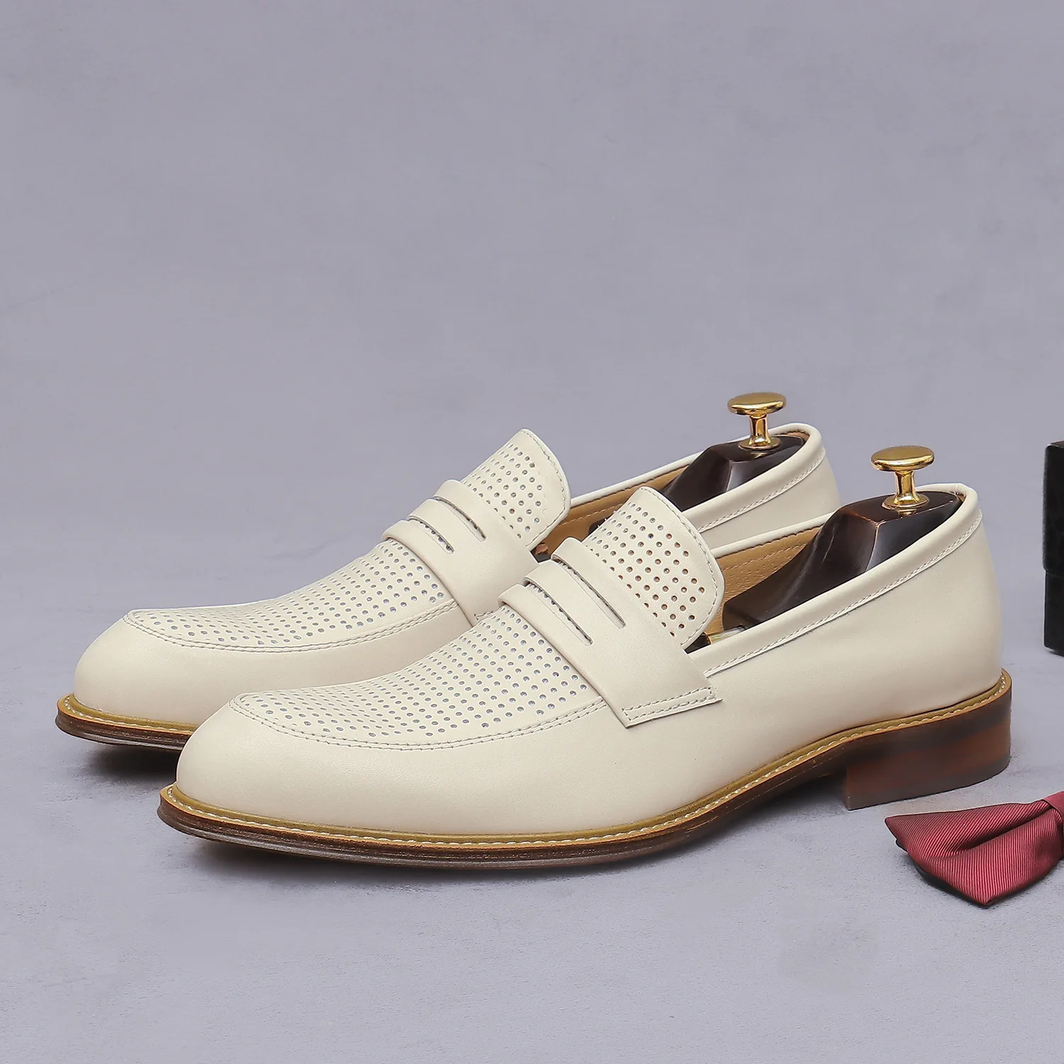 

YETTIES Men's Business Casual Hollow-Out Leather Loafers | Breathable Slip-On Dress Shoes | British Korean Style Punched Oxfords