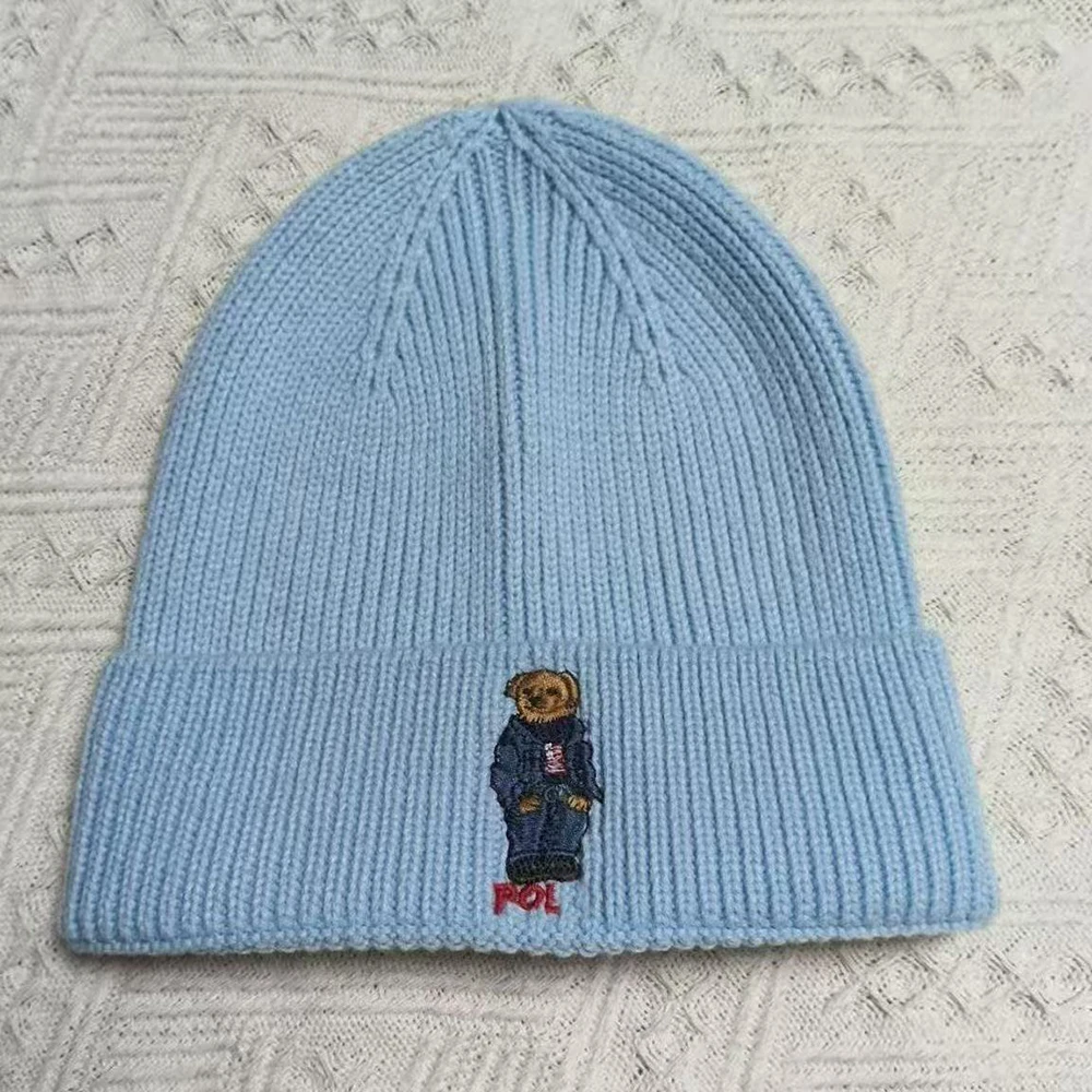 ユニセックス刺繍入りベアビーニー無地ニットスカルキャップストリートウェアハット（男女兼用）