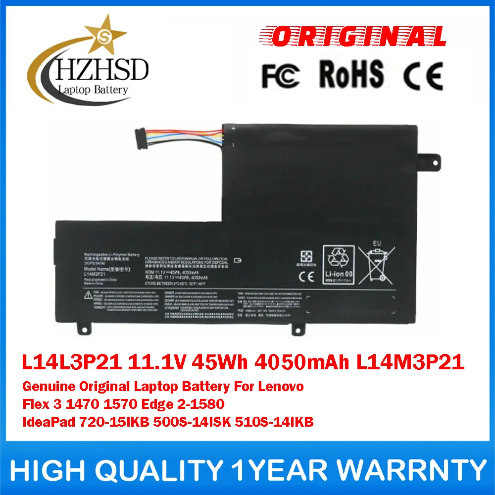 

L14L3P21 11.1V 45Wh 4050mAh L14M3P21 Genuine Original Laptop Battery For Lenovo Flex 3 1470 1570 Edge 2-1580 IdeaPad 720-15IKB