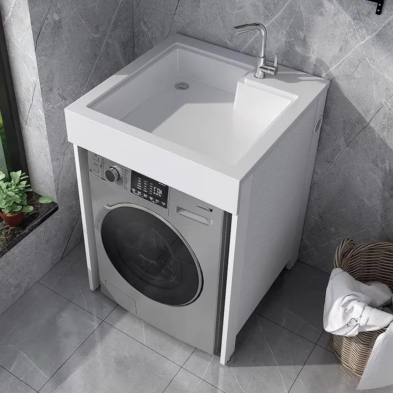 Mueble de lavandería compacto moderno de aluminio espacial con lavabo de balcón y lavadora integrada, mueble bajo lavabo para baño FYLC