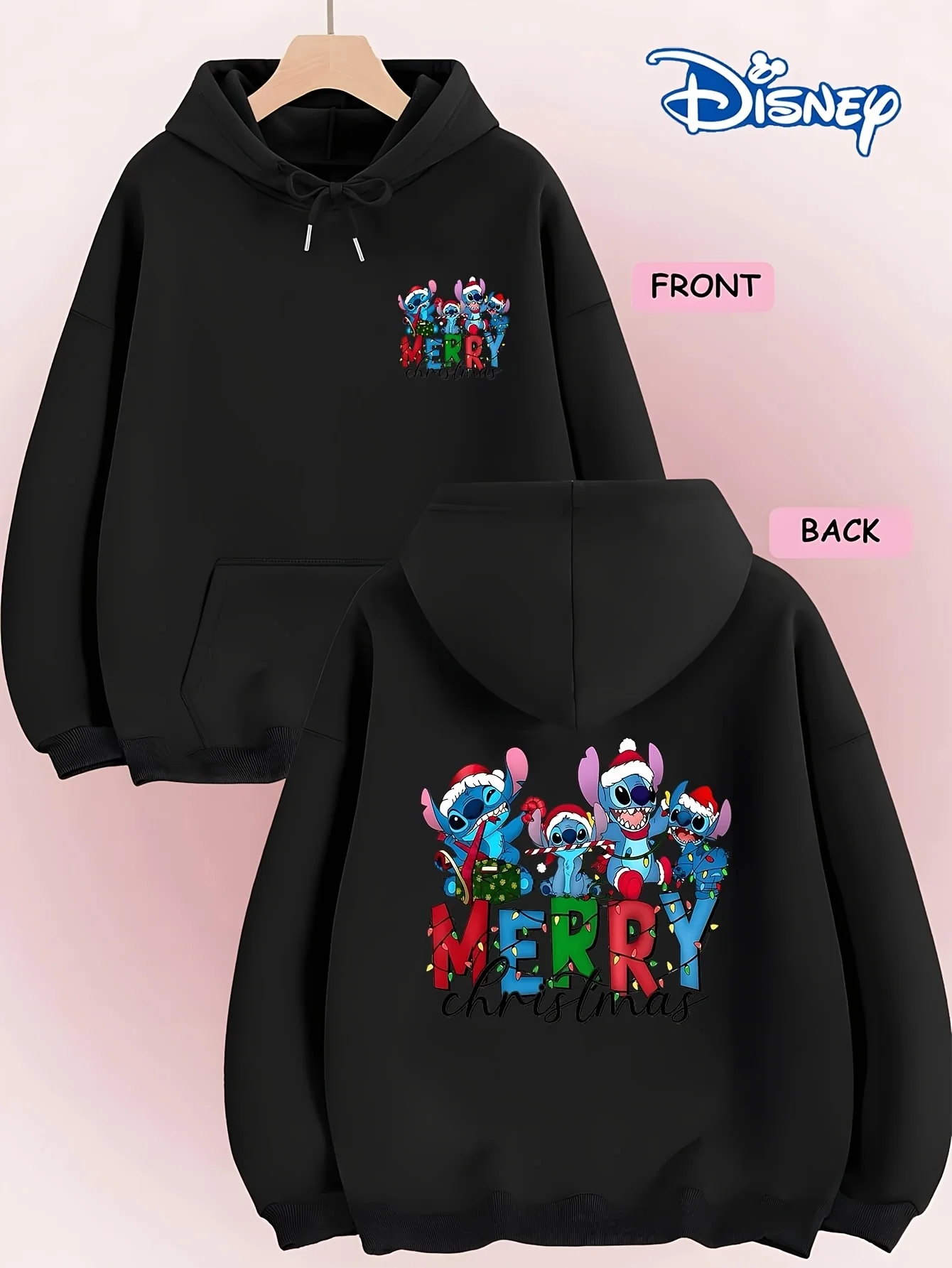 Disney kerstsweater, vrolijke bedrukte vakantie-hoodie, kangoeroezak en capuchon met trekkoord, kersttrui met lange mouwen