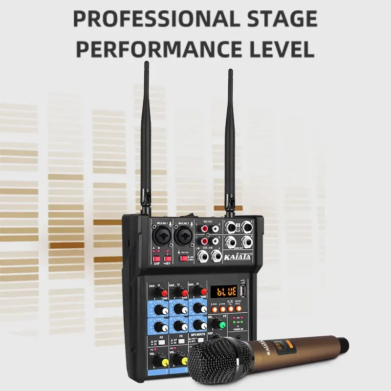 KAIKA G4-M2-2 Small Mixer With Wireless Microphone Integrated Computer Sound Card Guitar USB 4-channel Audio Mixer