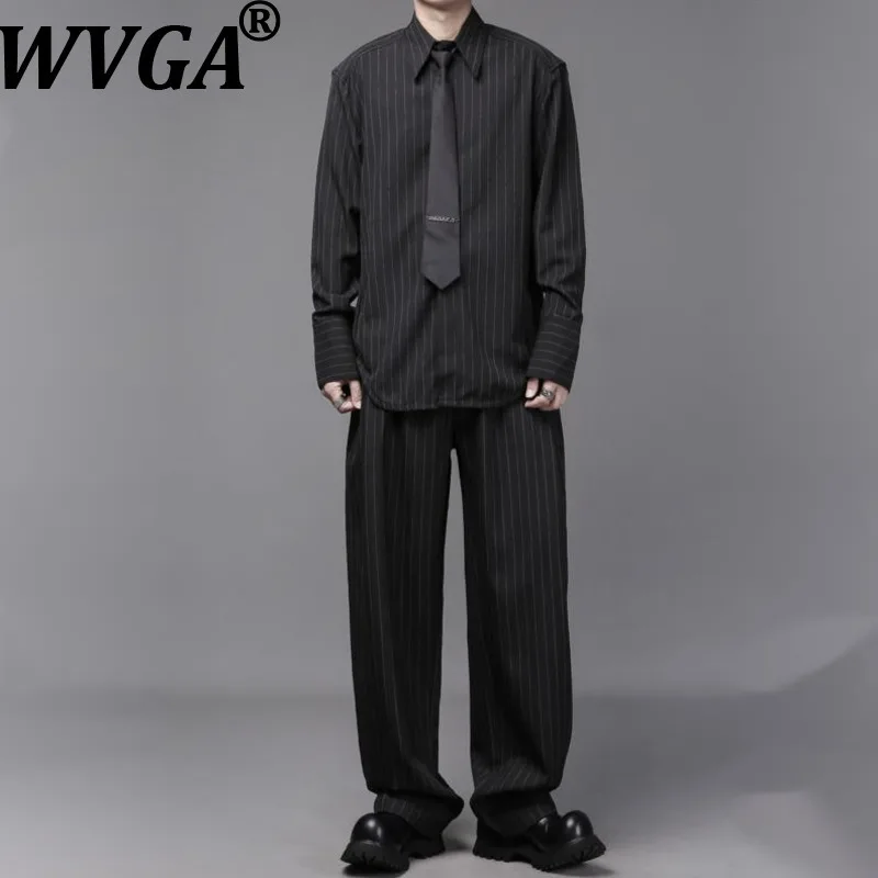 WVGA Spring Autumn New Men Tide Darkwear Striped Patchwork Trendy Long Sleeve Shirt Niche Chic Casual Straight Pants Sets W19050
