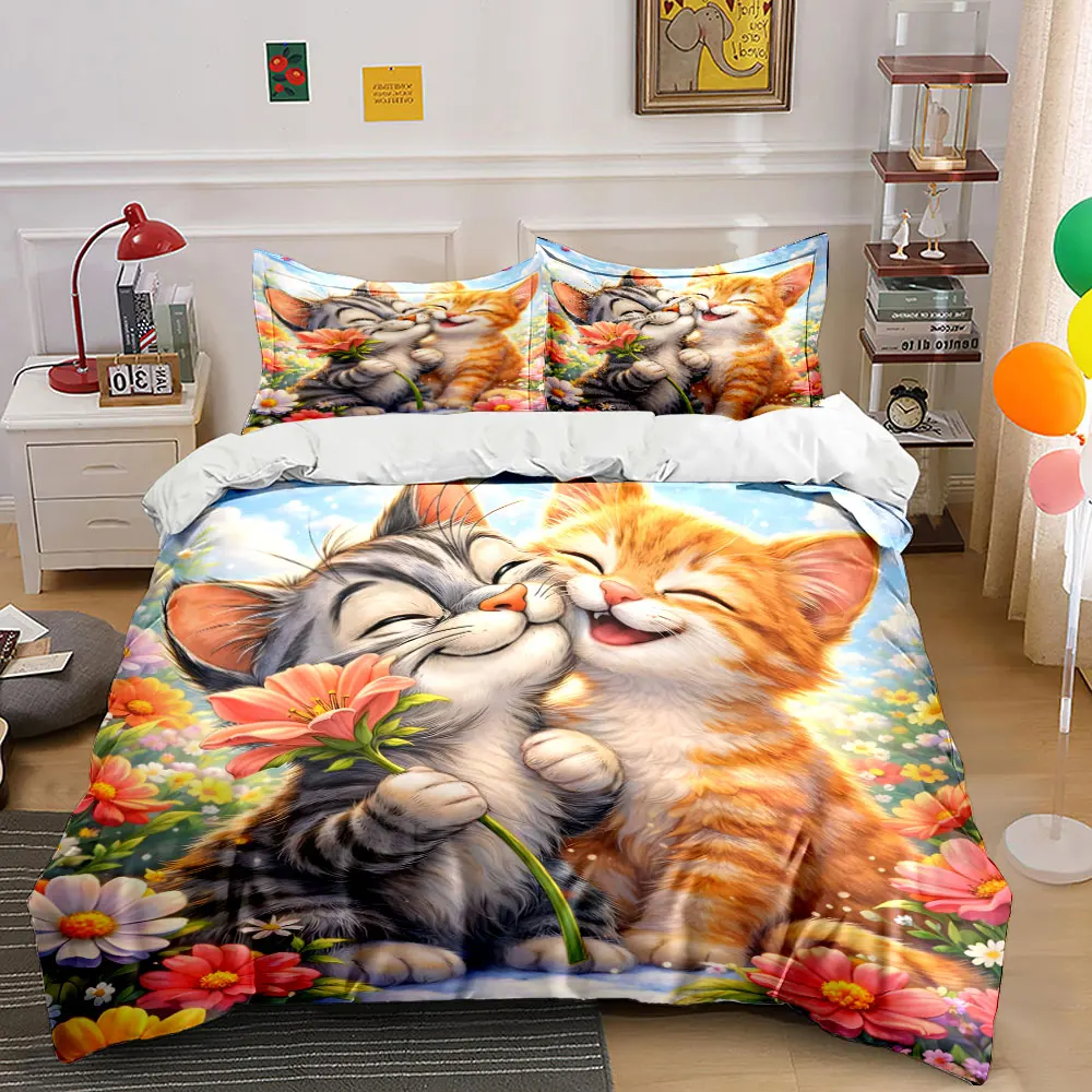 

Warm Smiling Cats and Flowers Print Bedding Set 1 Duvet Cover 2 Pillowcases for Adult and Children Luxury Gift Full Size