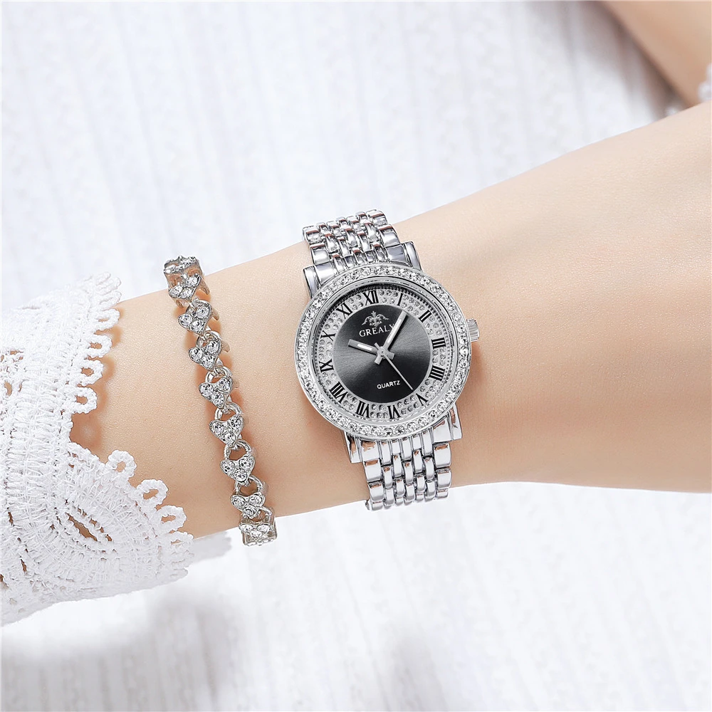 Reloj de marca de lujo para mujer, conjunto de diamantes de Roma, relojes de cuarzo informales, correa de acero inoxidable dorada, reloj para mujer