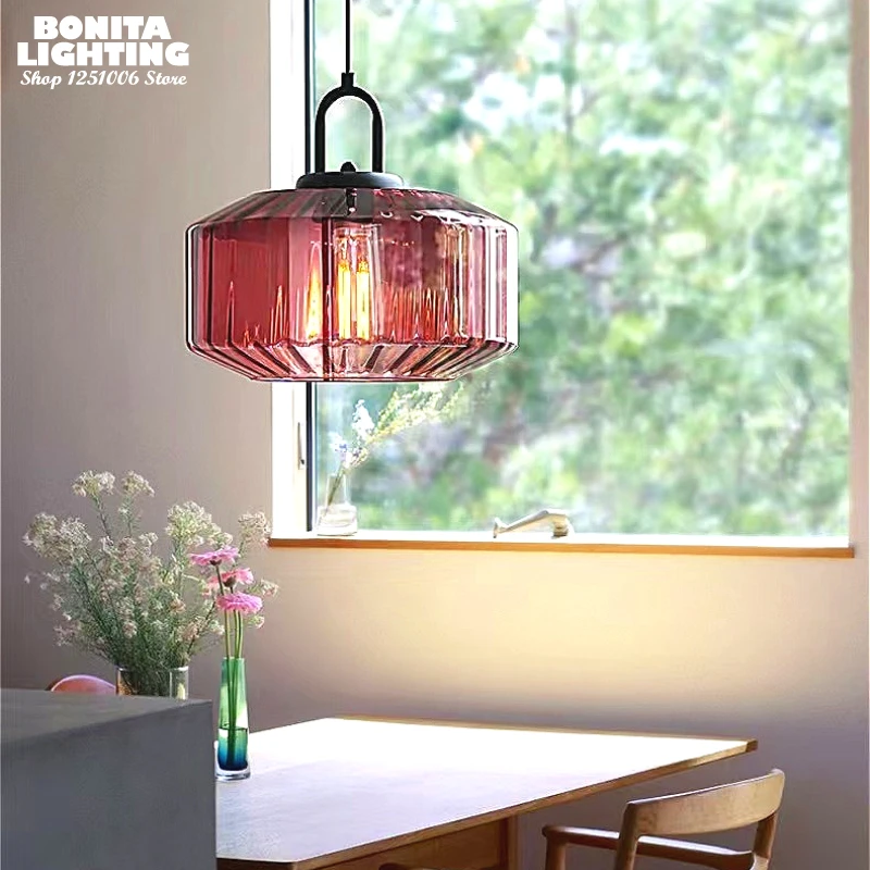 Vintage Striped Glass Pendant Light - Modern U-Shaped Hanging Lamp for Dining Table, Bedroom, Bar, Cafe - (Purple/Amber/Green)