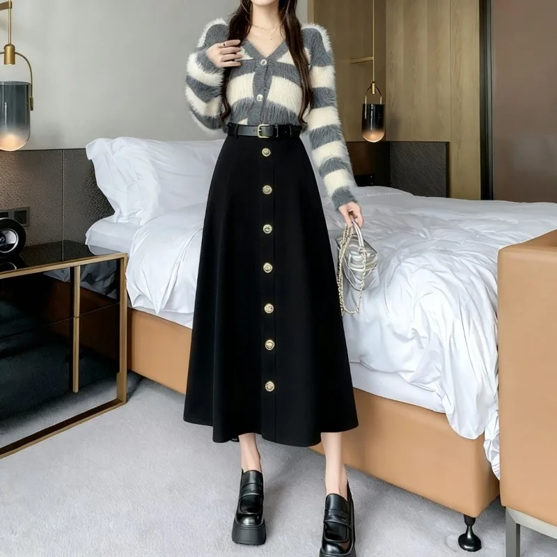 Women High Waist Single Breasted A Line Midi Skirt With Belt