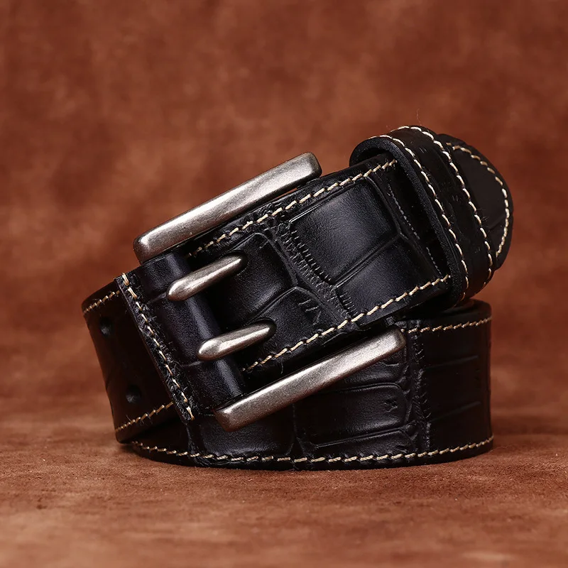 Men's Retro Trend Crocodile Pattern Embossed Cowhide Double Needle Buckle Belt Man Genuine Leather Versatile Casual Jeans Strap
