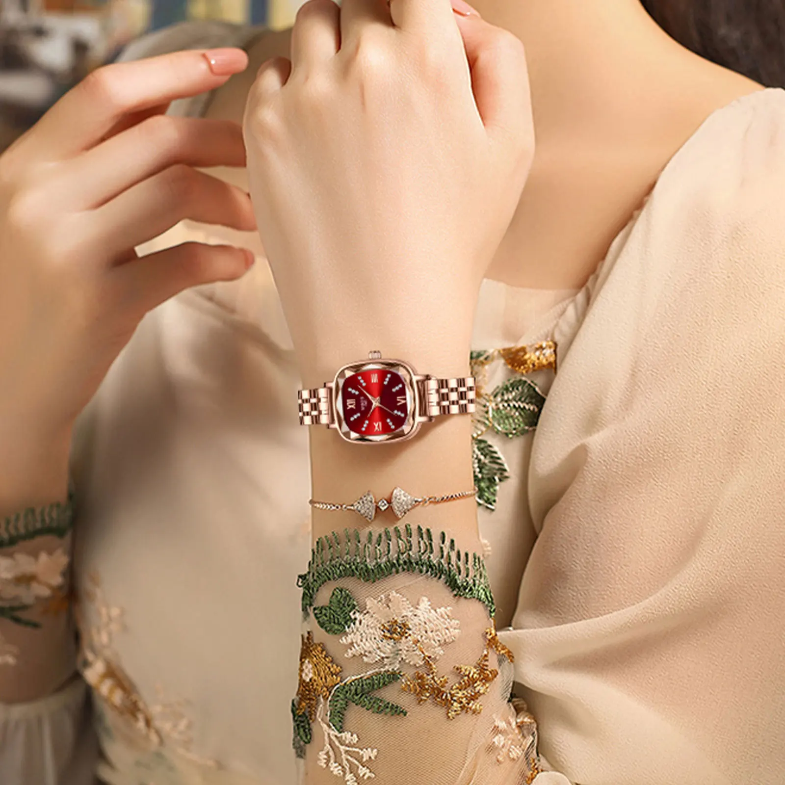 2PCS NIBOSI Elegant Women Wristwatches Waterproof Date Ladies Watch Diamond Decor Rectangle Quartz Women's Watches Female Reloj