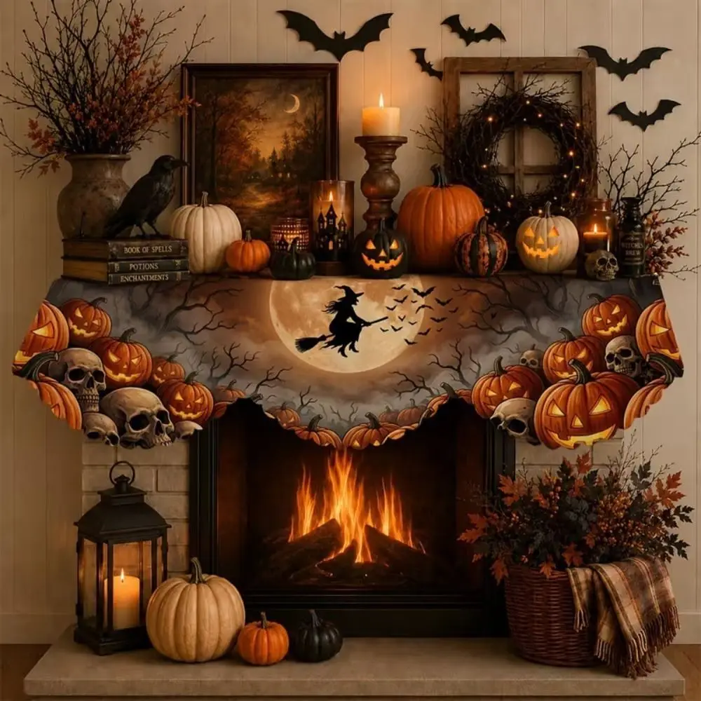 Scalloped Edge Halloween Mantel Scarf Haunted House Autumn Pattern Fireplace Shelf Cover Pumpkin Theme Cute Ghost