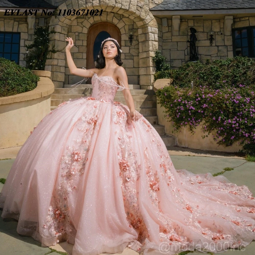 EVLAST-Robe princesse rose Quinnceanera, robe de Rh, appliques de fleurs 3D, corset de diamants perlés, robe Sweet 16, 15 Anos, SQ475