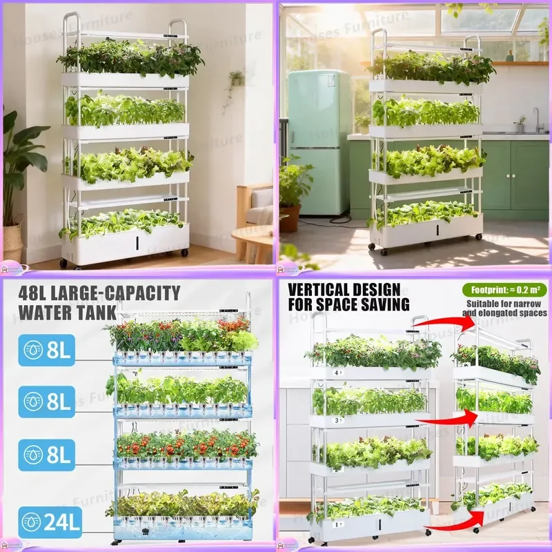 4 Tier Vertical Hydroponic Garden System Smart Water Saving Pump Mobile Rolling Rack Indoor Outdoor Planting Kit for Herbs