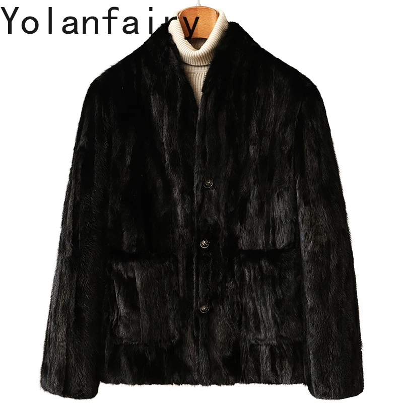 

YOLANFAIRY пальто из натурального меха, мужская осенне-зимняя модная куртка из норкового меха с v-образным вырезом для мужчин, повседневные черные шубы 2025