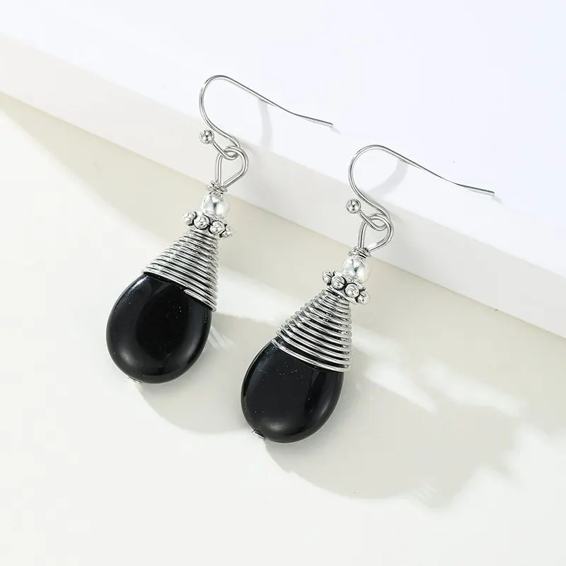Vintage Wire Wrapped Teardrop Black Earrings Women Silver Color Hook Drop Earrings Ethnic Boho Style Jewelry Accessories