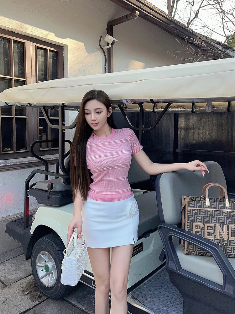 

Модный вязаный пуловер с коротким рукавом и круглым вырезом для женщин, универсальная базовая футболка для повседневной носки, приталенный крой, влагоотводящая.