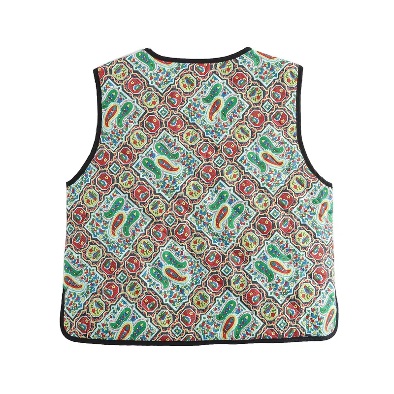 KEYANKETIAN 2024 Autunno delle nuove donne Paisley stampa senza maniche imbottito gilet stile etnico fiocco con lacci gilet sottile retrò corto Top