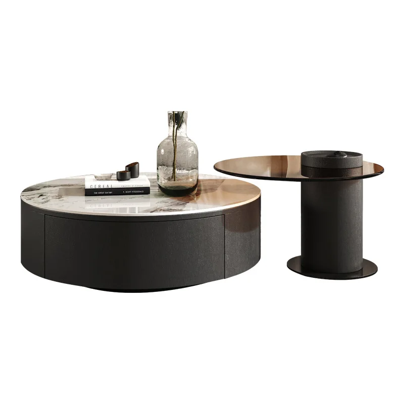 Rock slab coffee table round size combination with drawers creative designer living room household simple small apartment